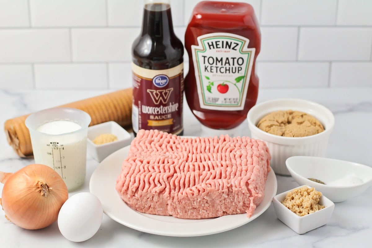 Ingredients for turkey meatloaf on a kitchen counter.