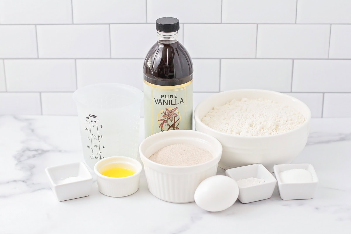 Ingredients for Bunuelos on a kitchen counter.