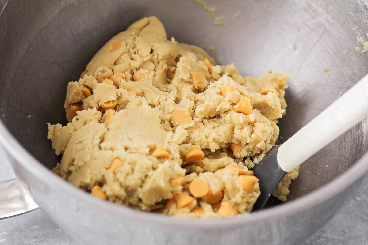 Butterscotch cookie dough with butterscotch chips in mixing bowl.