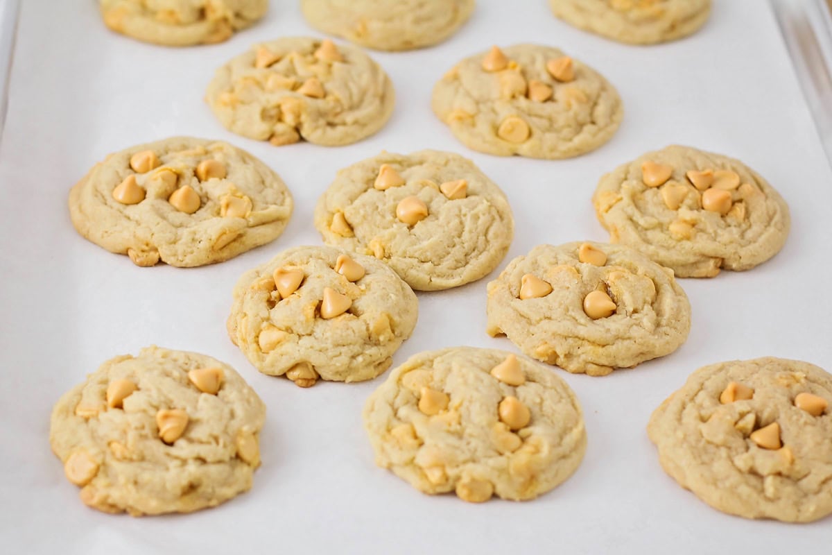 Butterscotch cookies baked on cookie sheet.