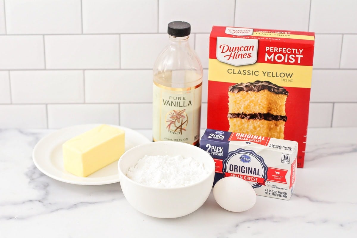 Ingredients for cake mix cookies on a kitchen counter.