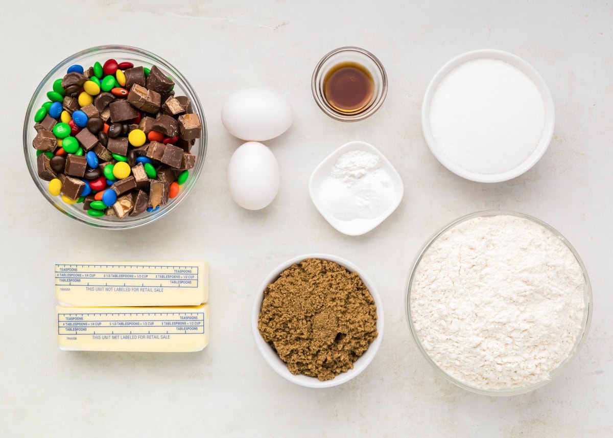 Ingredients for candy cookies on counter.