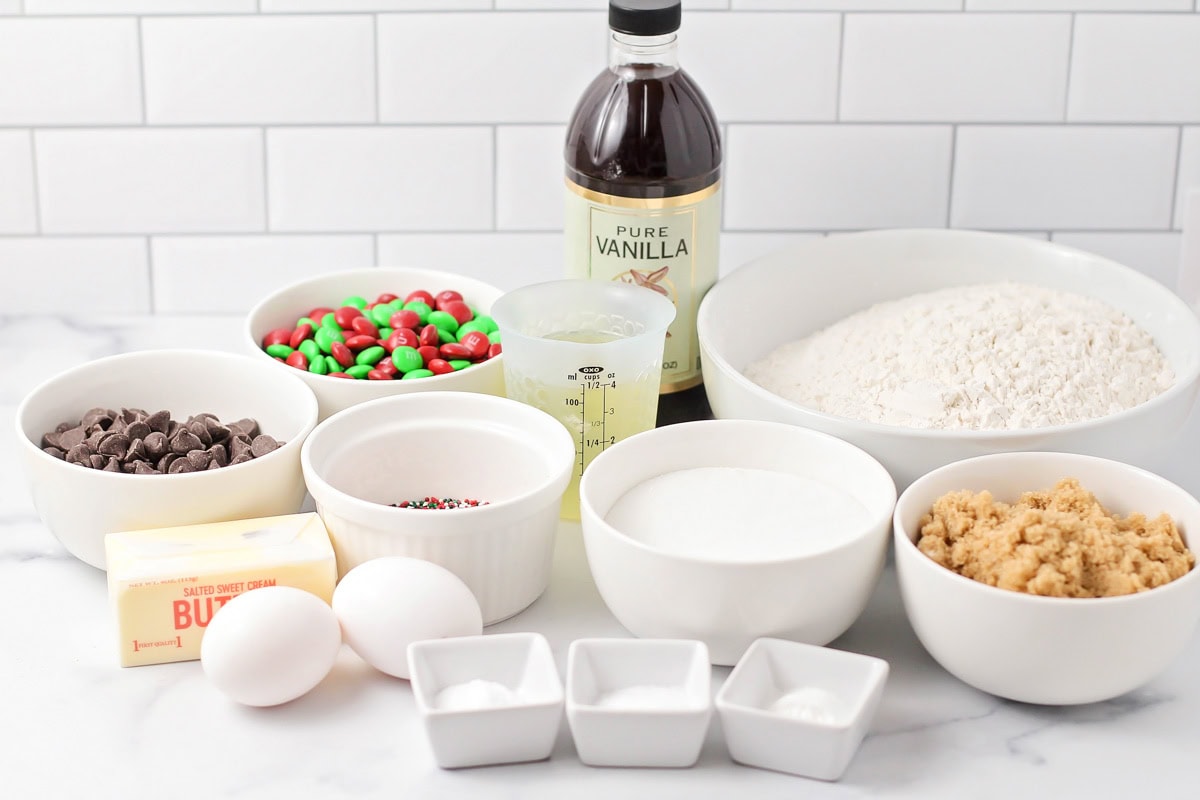 Ingredients for holiday cookies on a kitchen counter.