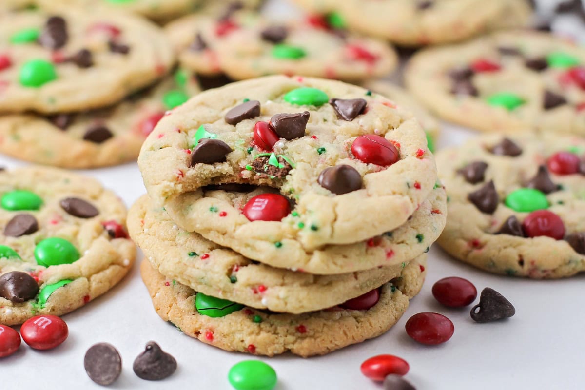 Close up of stacks of Christmas chocolate chip cookies.