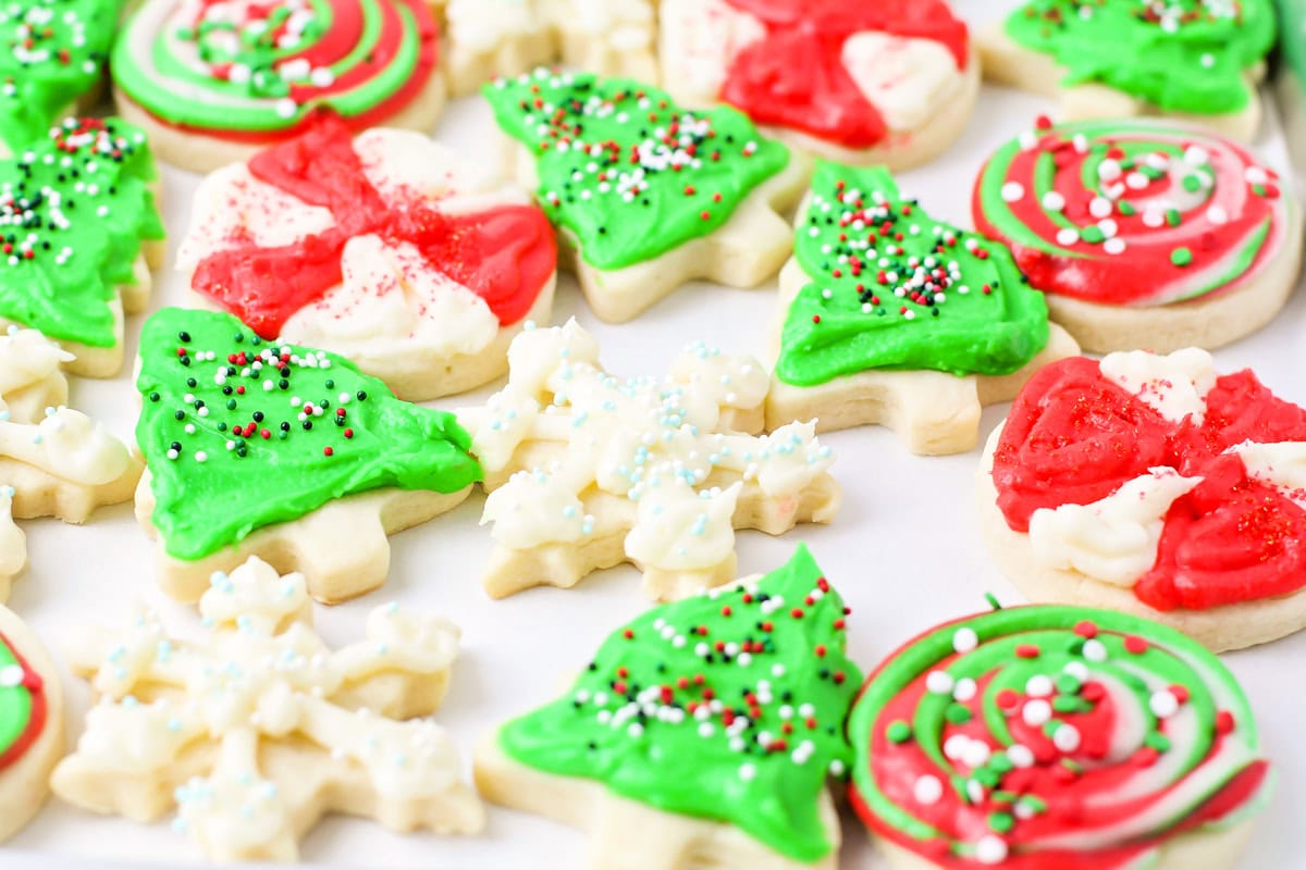 Christmas sugar cookie recipe decorated on a baking sheet.