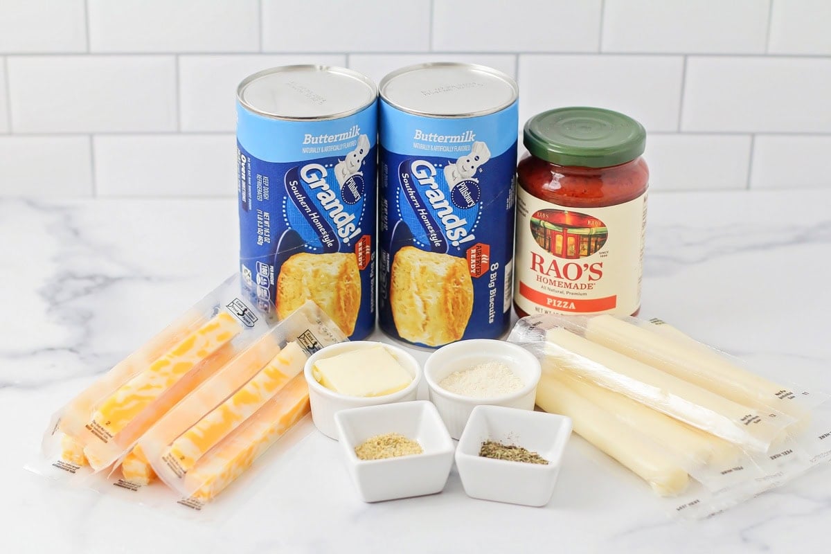 Ingredients for pull apart bread on a kitchen counter.