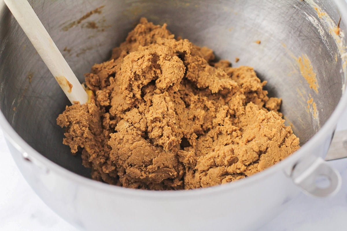 Cookie batter in a mixing bowl.