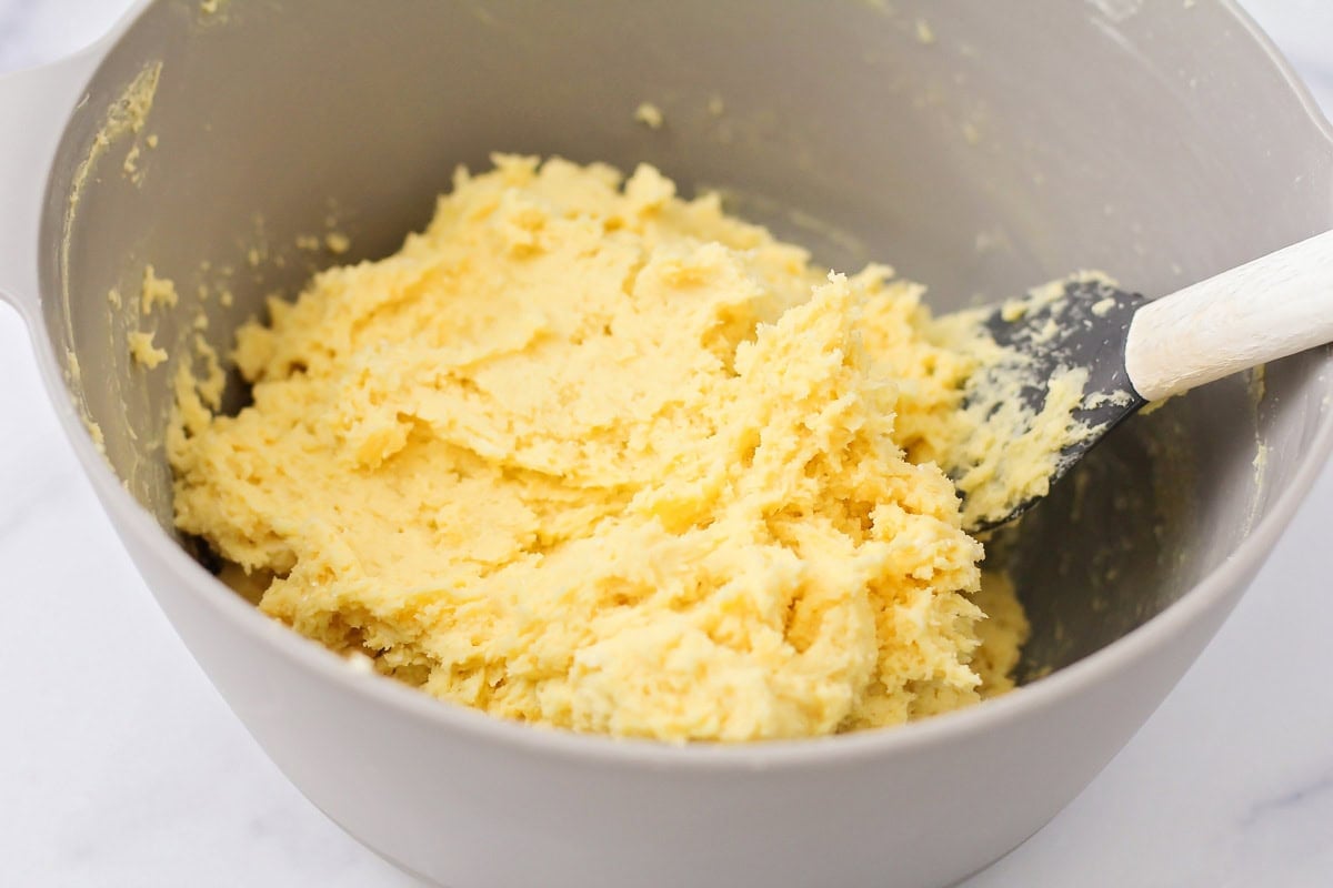 Gooey butter cookies mix in mixing bowl.