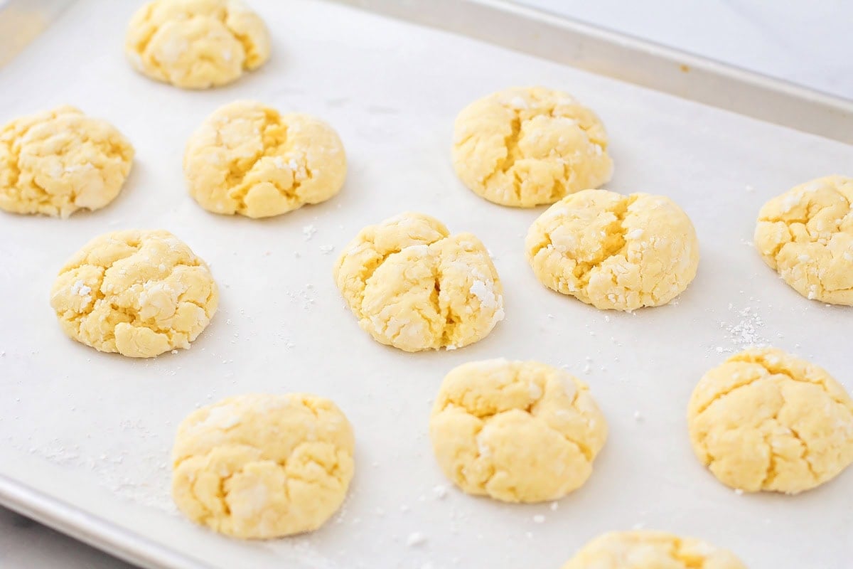 Gooey butter cookies on cookie sheet.