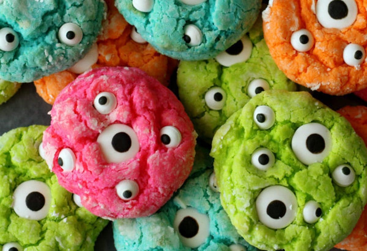 Colorful cookies topped with candy eyeballs. 