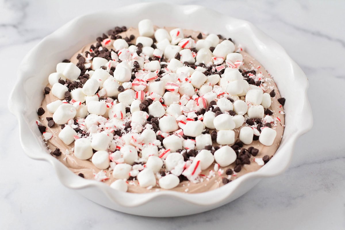 Whipped chocolate mixture topped with marshmallows, chocolate chips, and candy canes.