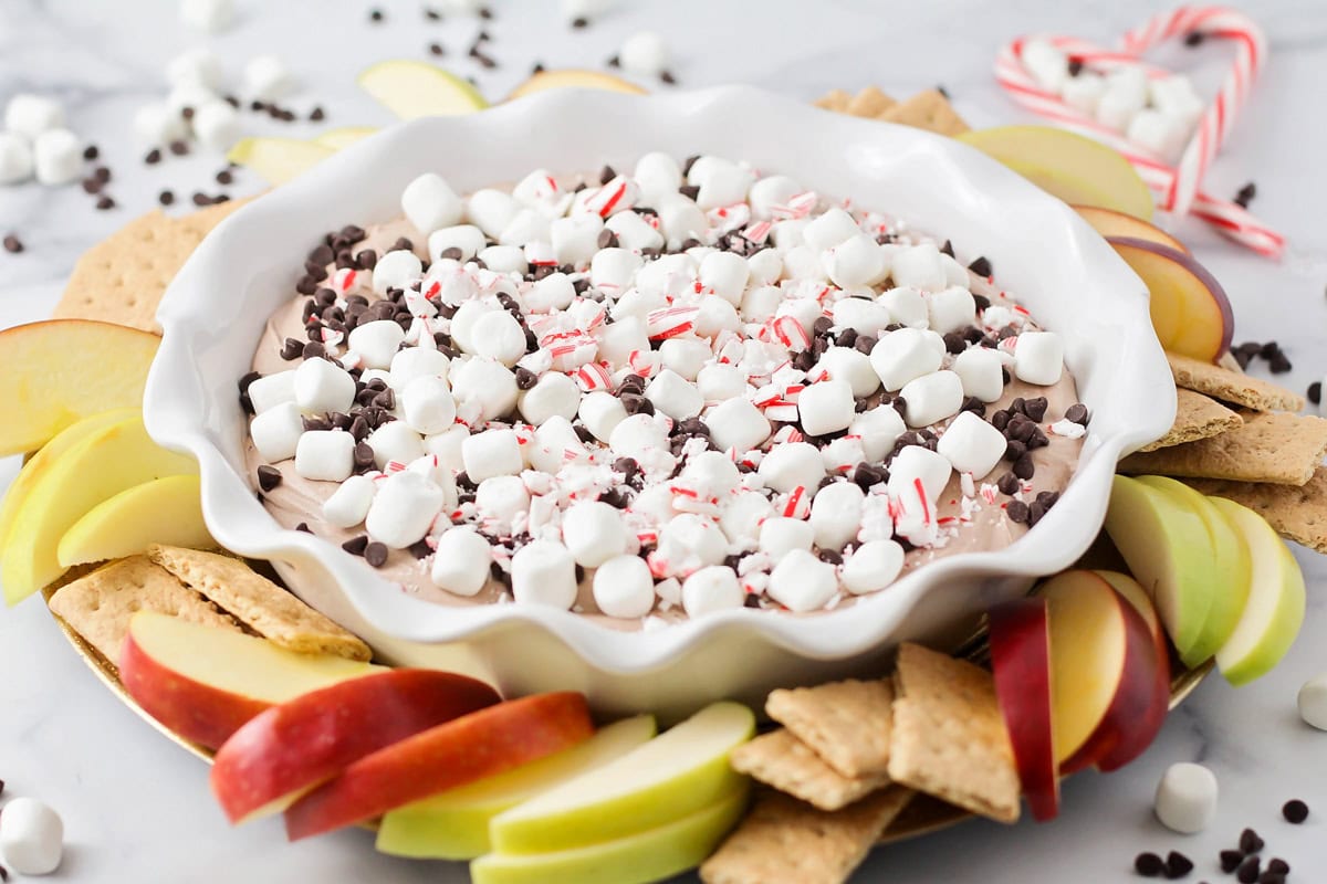 Hot chocolate dip in a white pie dish.