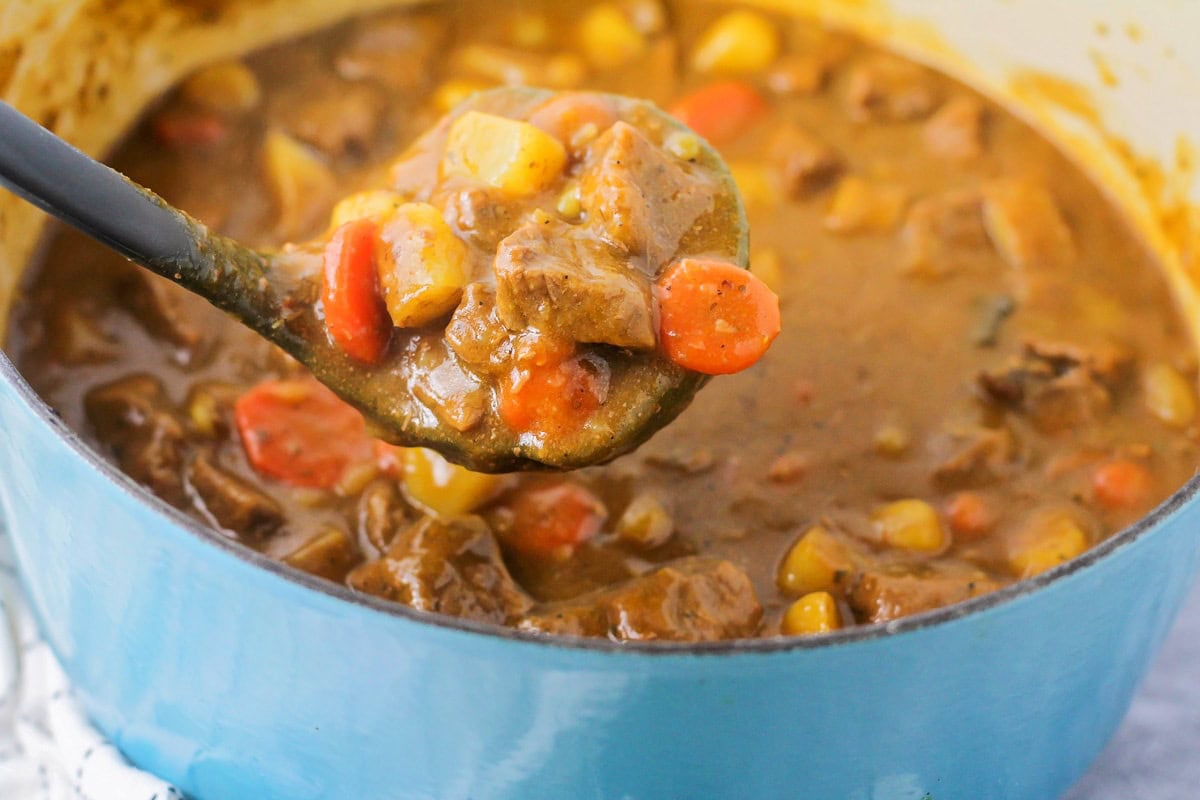 A ladle filled with homemade beef stew.