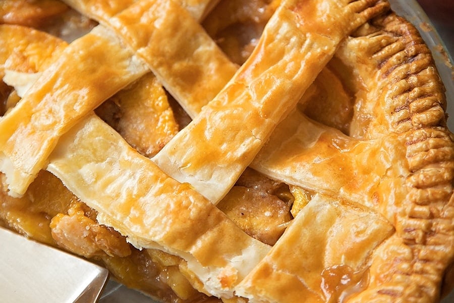 A close up photo of a golden brown lattice pie crust. 