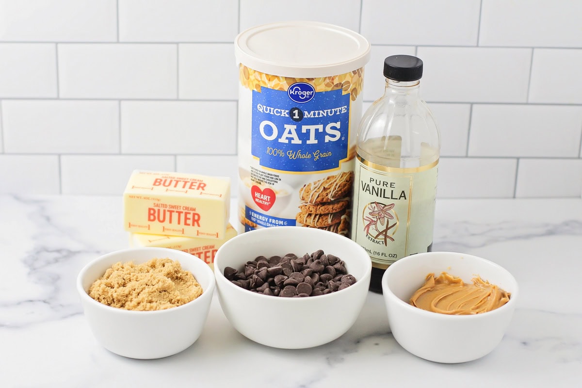 Ingredients for No bake chocolate oat bars on counter.