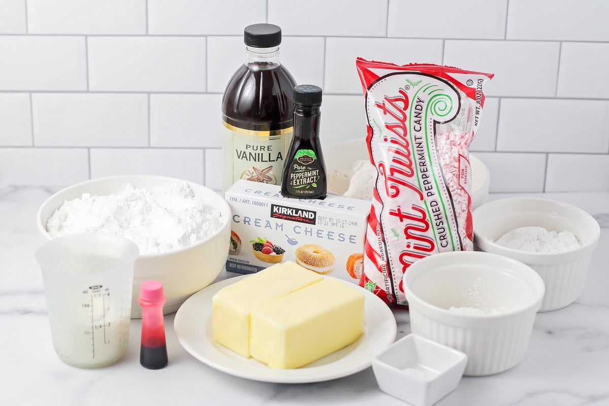 Ingredients for peppermint meltaways on a kitchen counter.