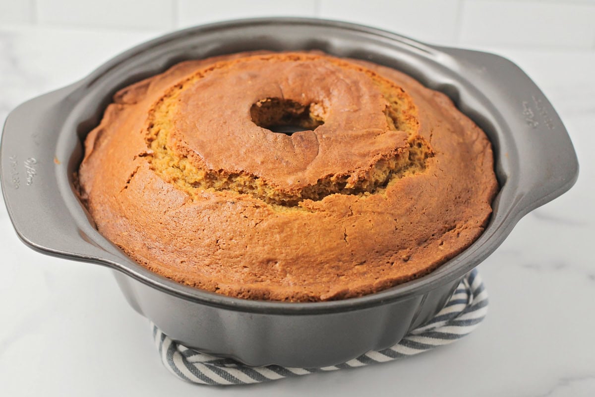 Pumpkin bundt cake baked in bundt pan.