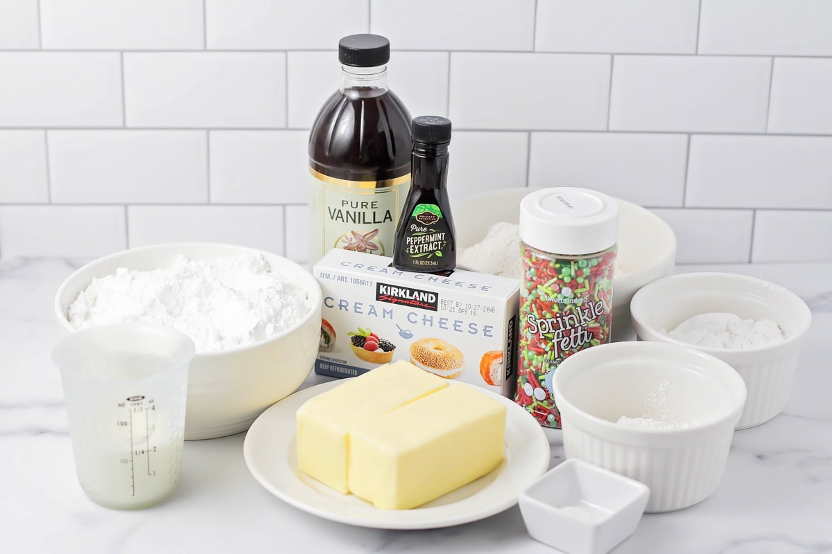 Ingredients for drop sugar cookies on a kitchen counter.