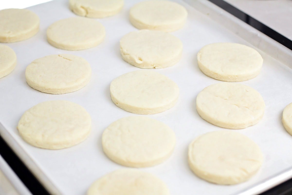 Baked sugar cookies on cookie sheet.