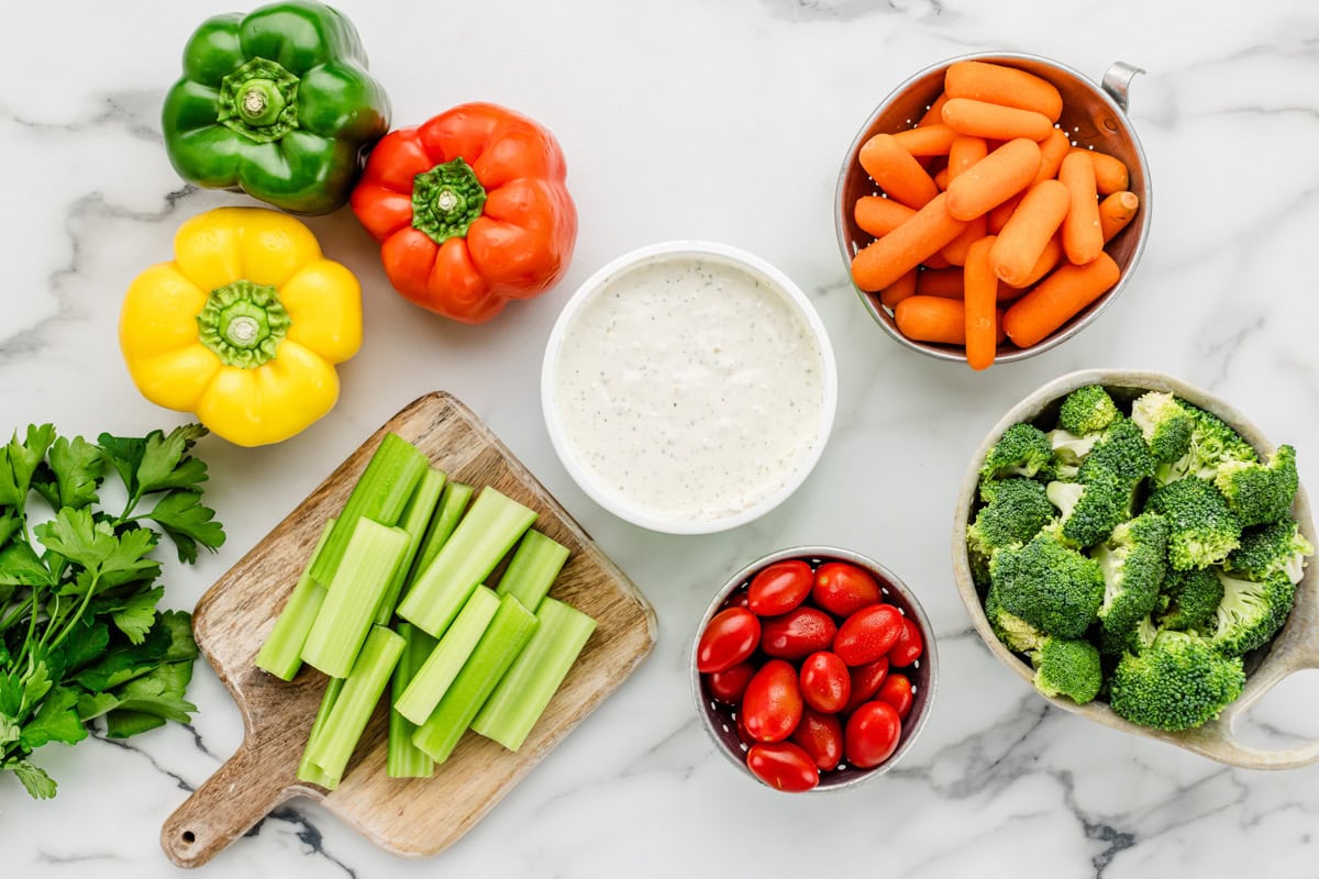 Ingredients needed to make a homemade veggie tray.