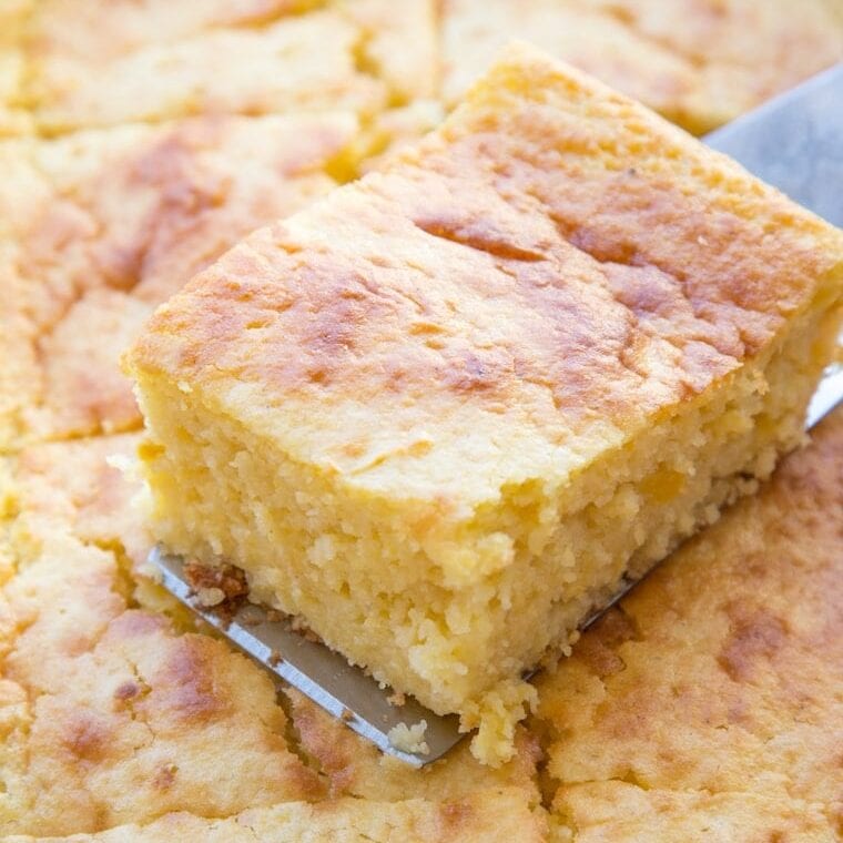 A slice of sour cream cornbread.