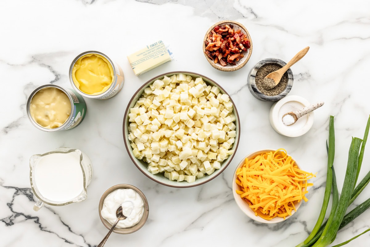 Ingredients for cheesy potato soup recipe on counter.