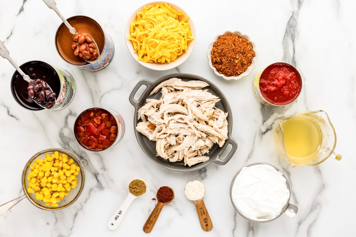 Ingredients for Chicken Taco soup on counter.