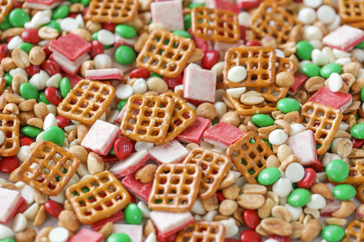 Christmas Snack Mix spread over counter.