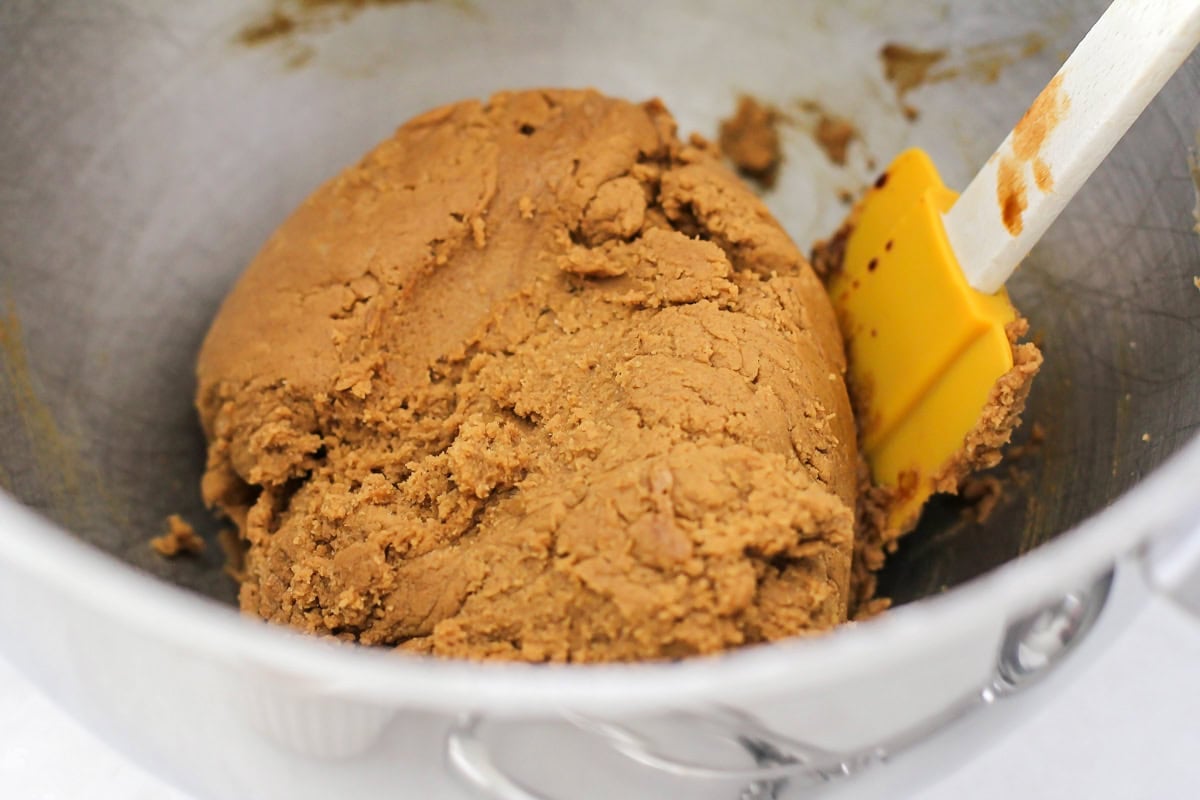 Super soft gingerdoodle cookies are perfectly spiced and coated in a cinnamon sugar mixture for two tasty cookies in one! Ginger cookie batter in a metal bowl.