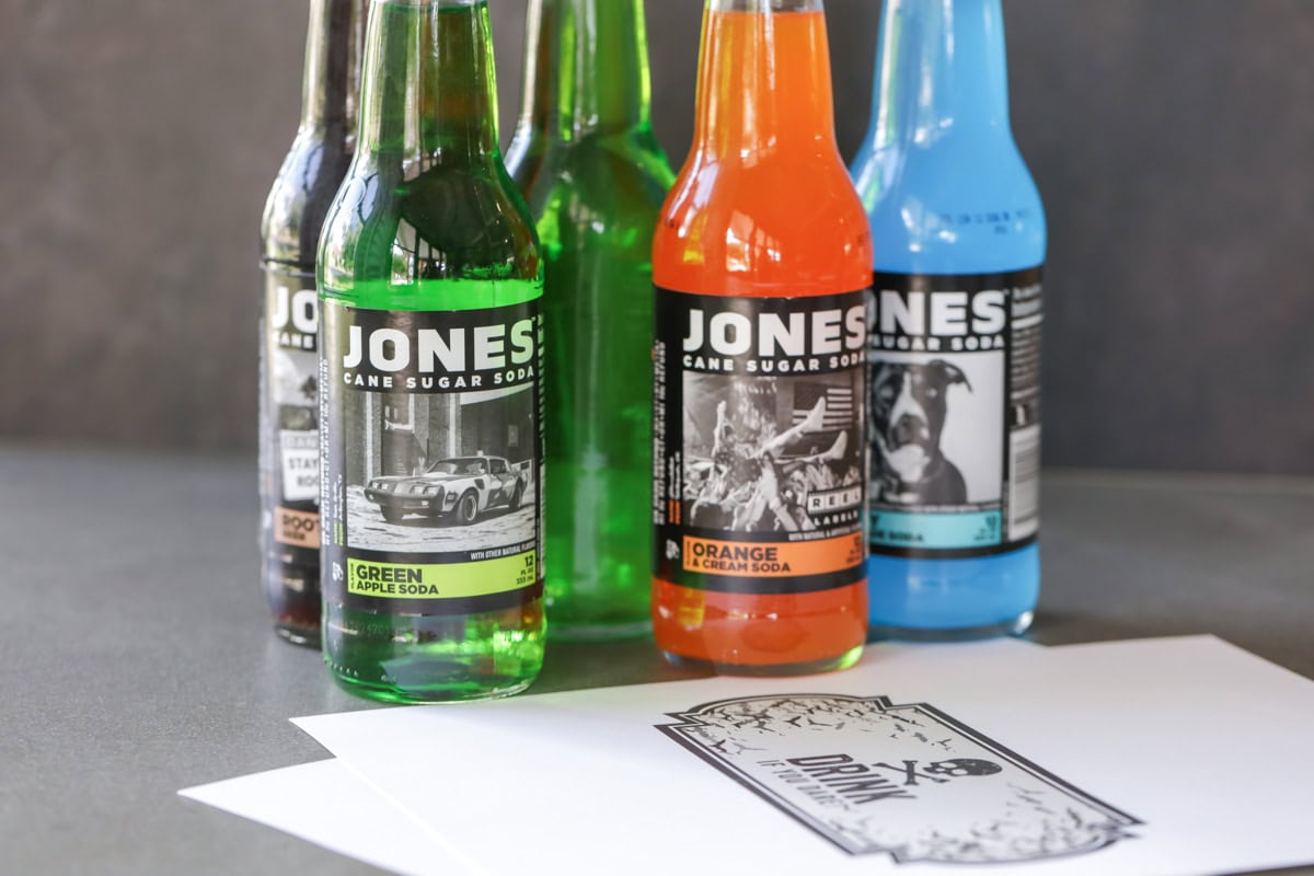 5 bottles of Jones soda with Halloween soda pop labels.