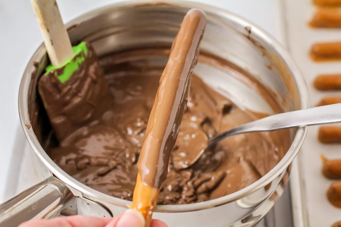 A pretzel rod dipped in milk chocolate.