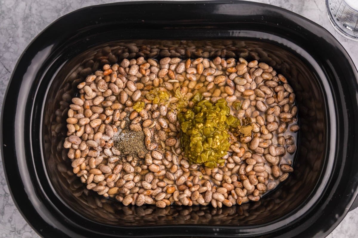 Dried pinto beans in a crock pot with seasonings, water, and green chiles. 