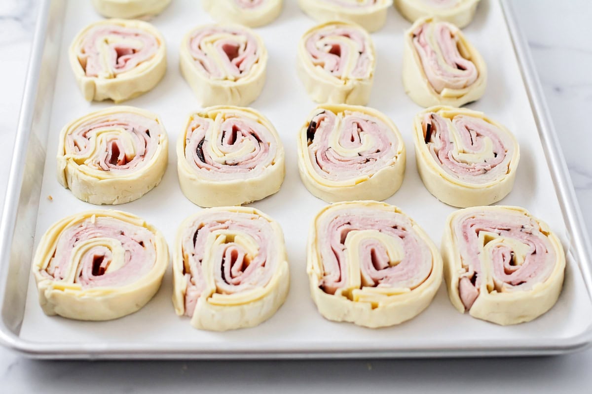 Puff pastry slices ready to bake.