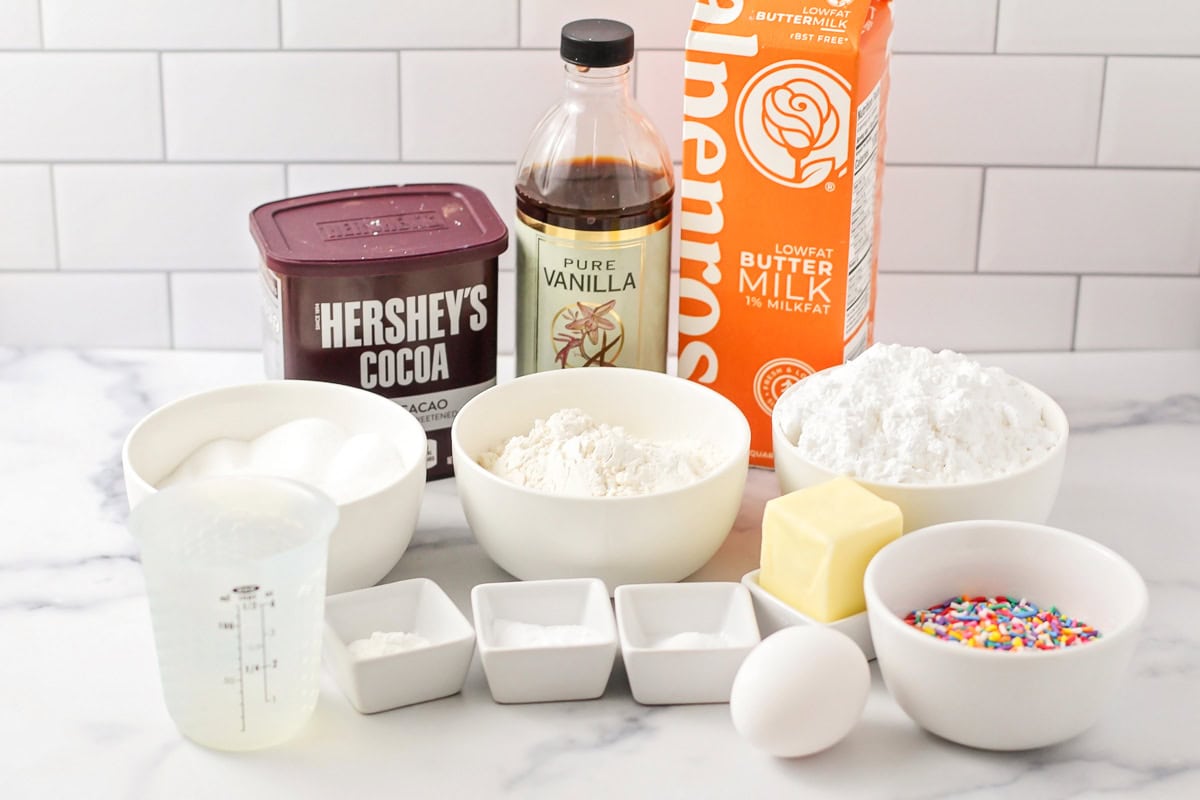 Chocolate cake ingredients on a kitchen counter.