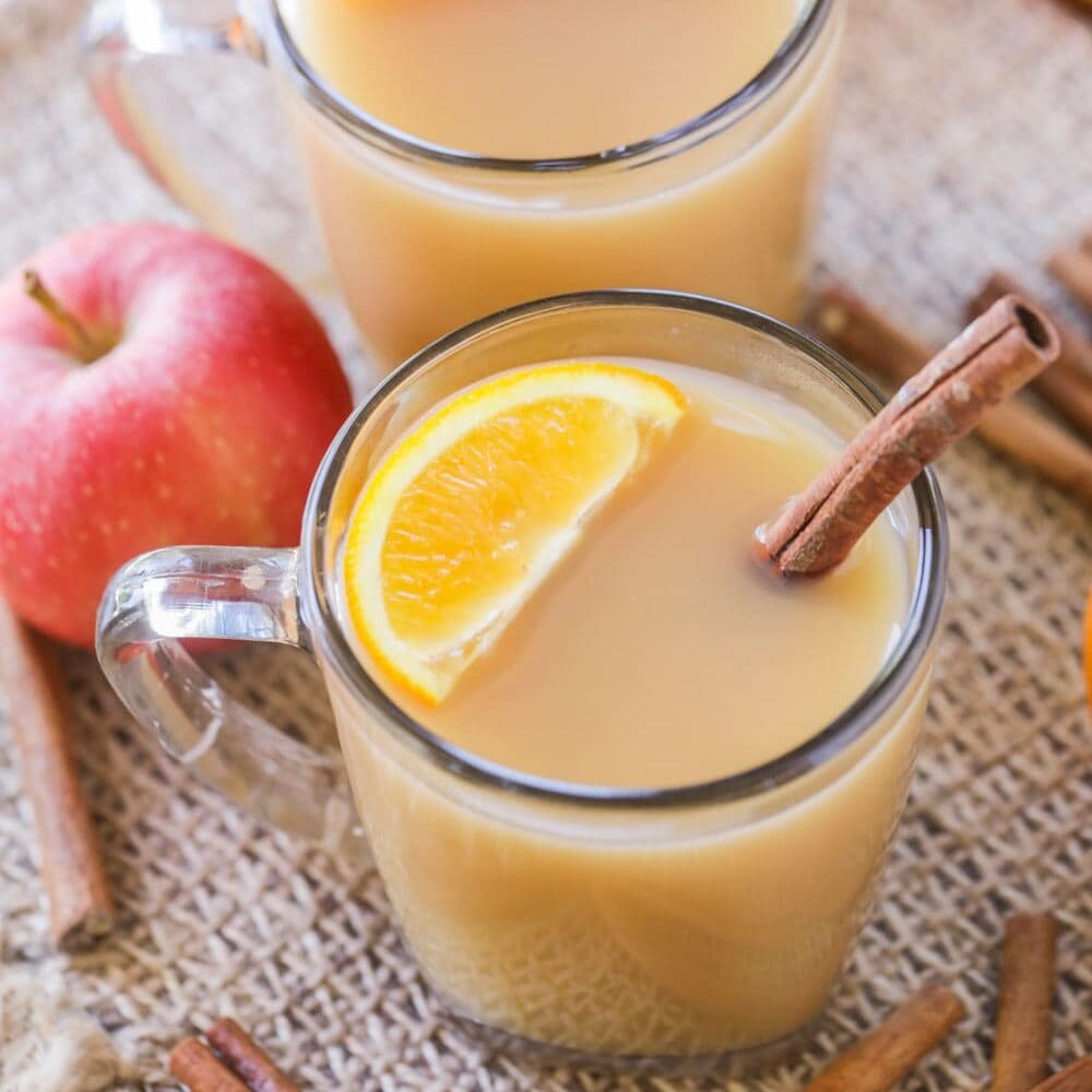 Our favorite wassail recipe in cup with orange slice and cinnamon stick in it.