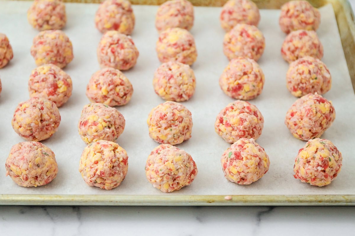 How to make sausage balls on a sheet pan ready to bake.