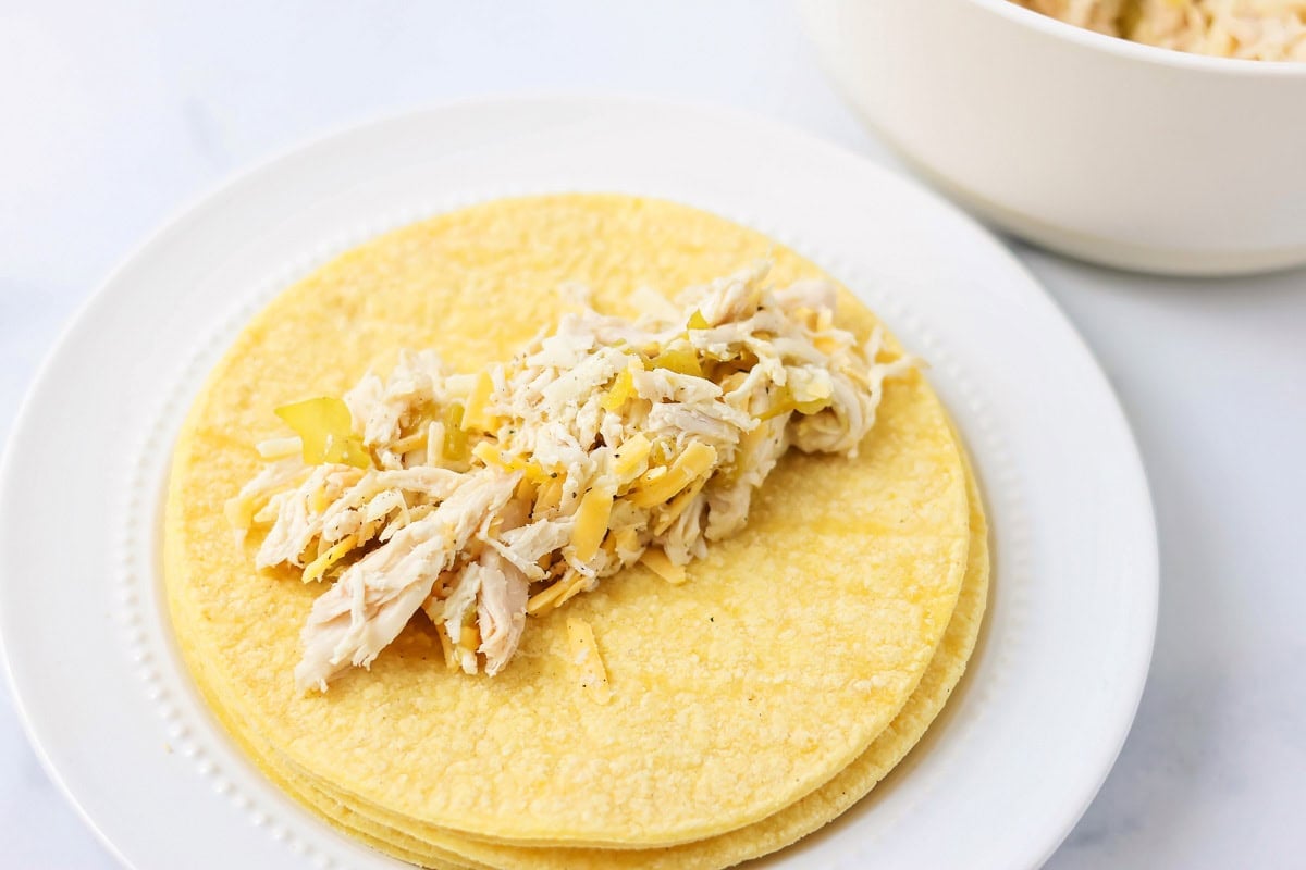 Chicken filling on corn tortillas waiting to be fried.