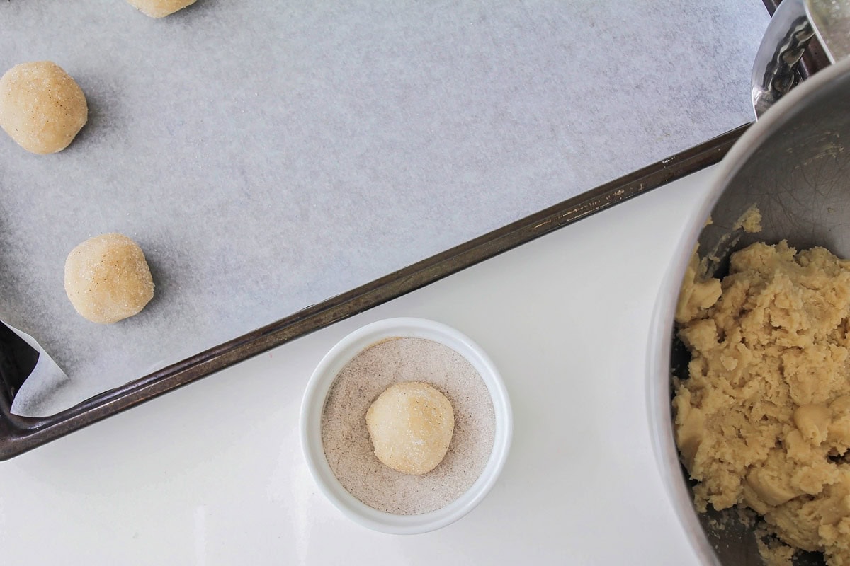 Eggnog Snickerdoodle balls dipped with nutmeg sugar mixture.