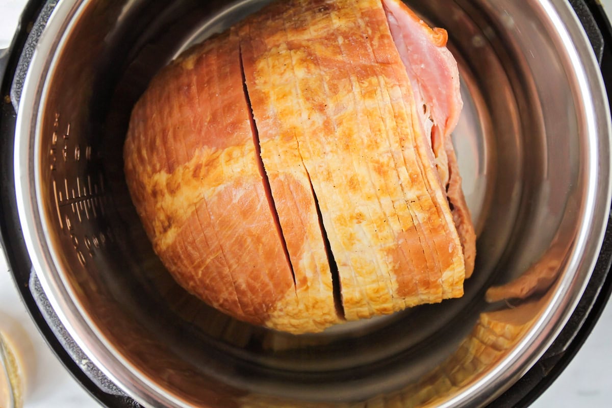 Spiral ham inside the instant pot ready for cooking.