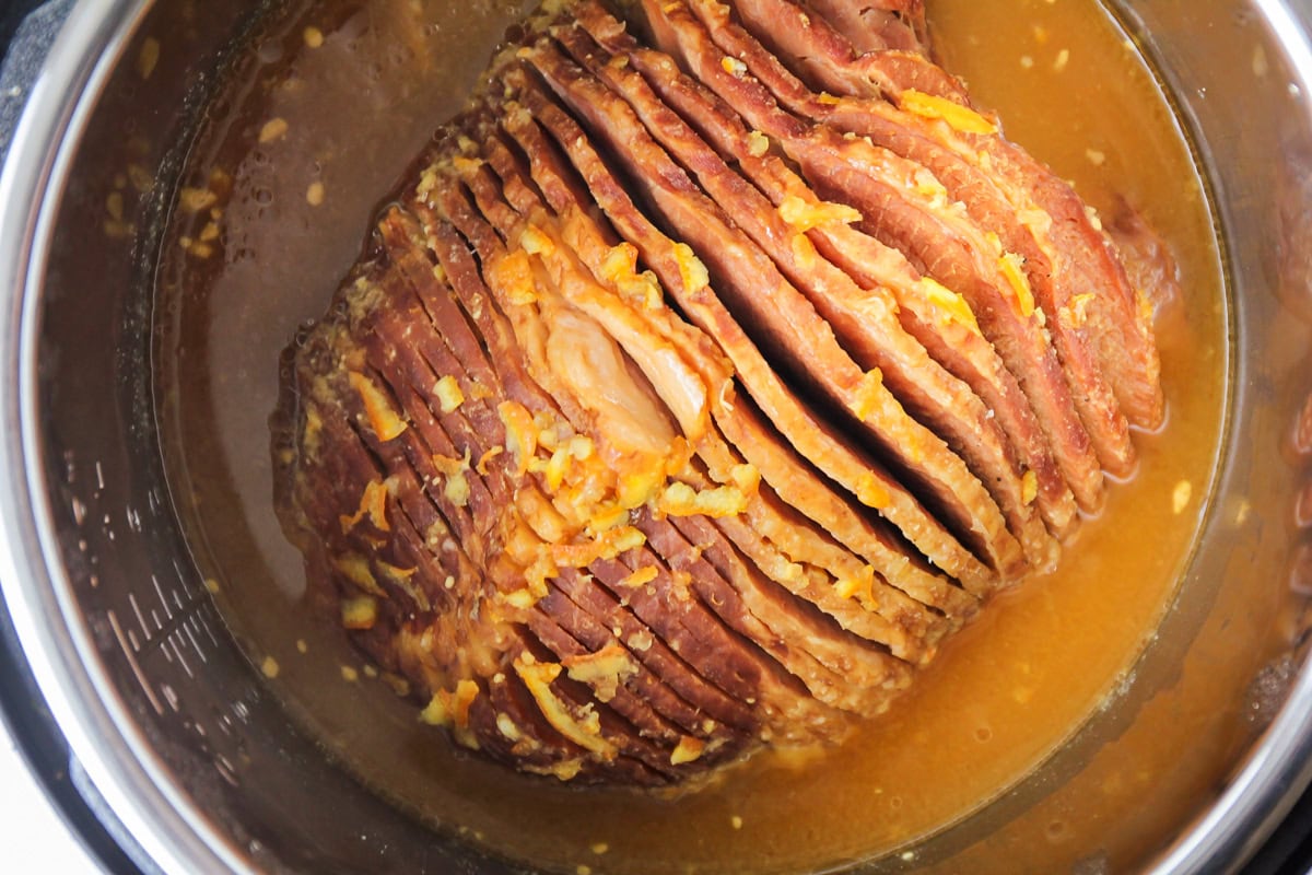 Top view of cooked ham in an instant pot.