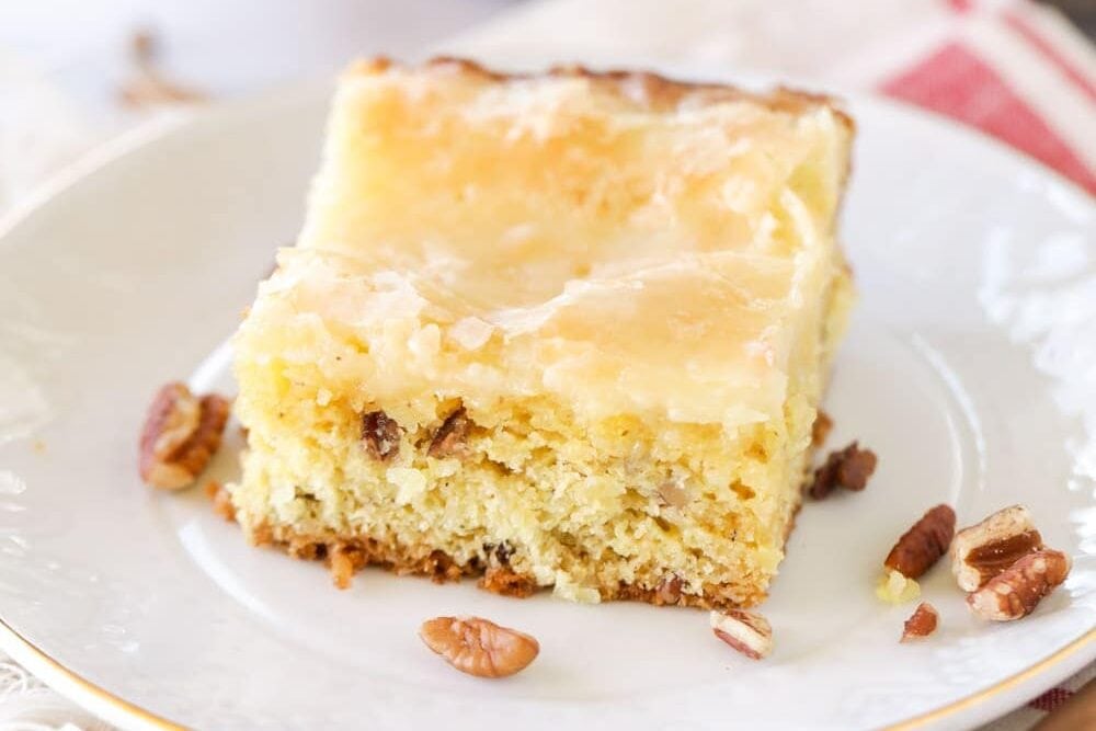 Neiman Marcus cake on a white plate.