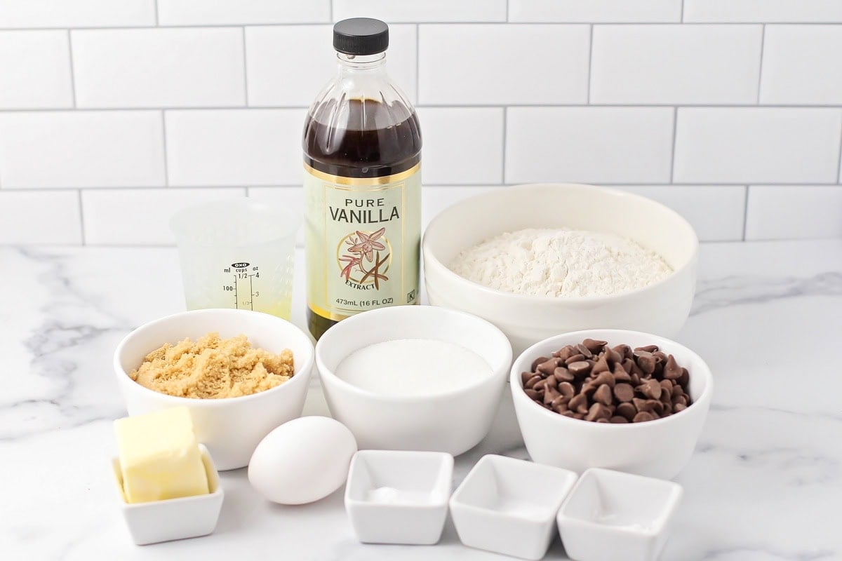 Ingredients for pizookie recipe on counter.