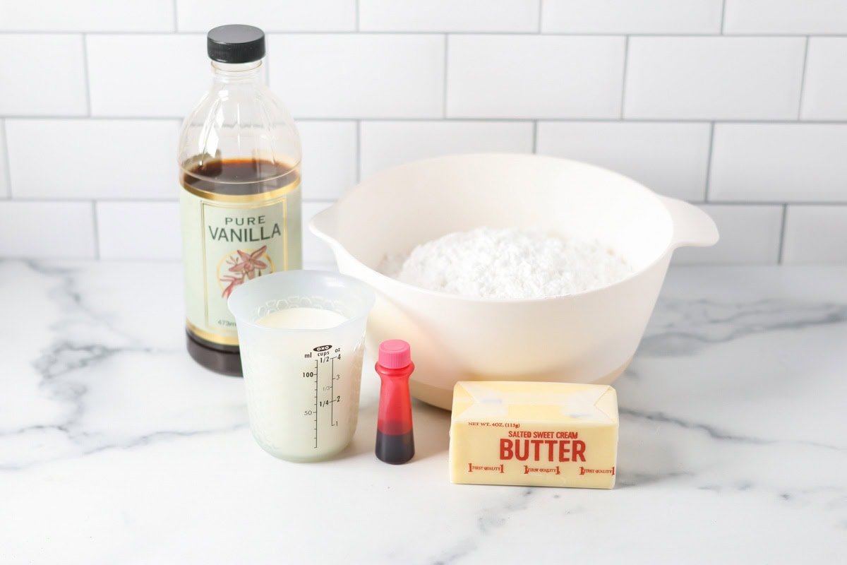 Ingredients for swig cookie frosting on counter.