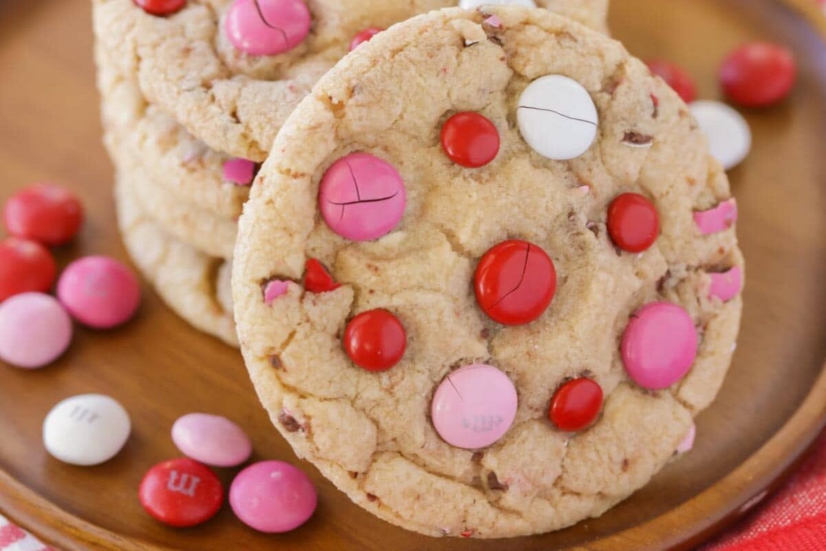 Valentines Day Cookies made with pink and red M&Ms.