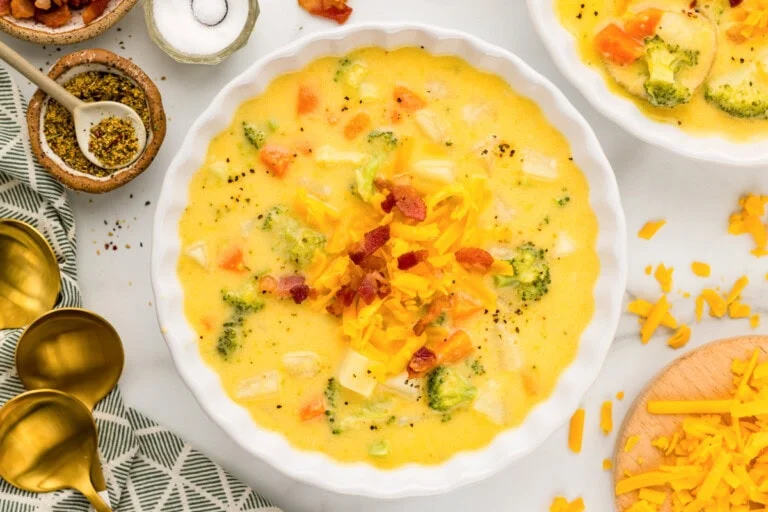 Bowl of broccoli potato cheddar soup.