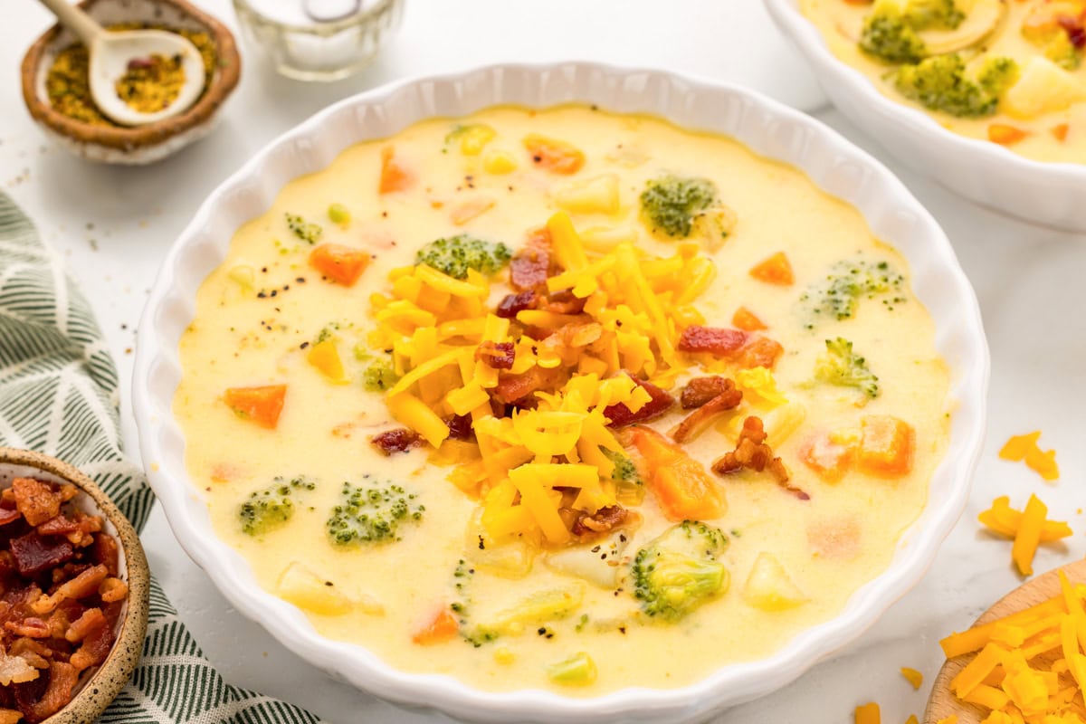 Broccoli cheddar potato soup recipe close up image.