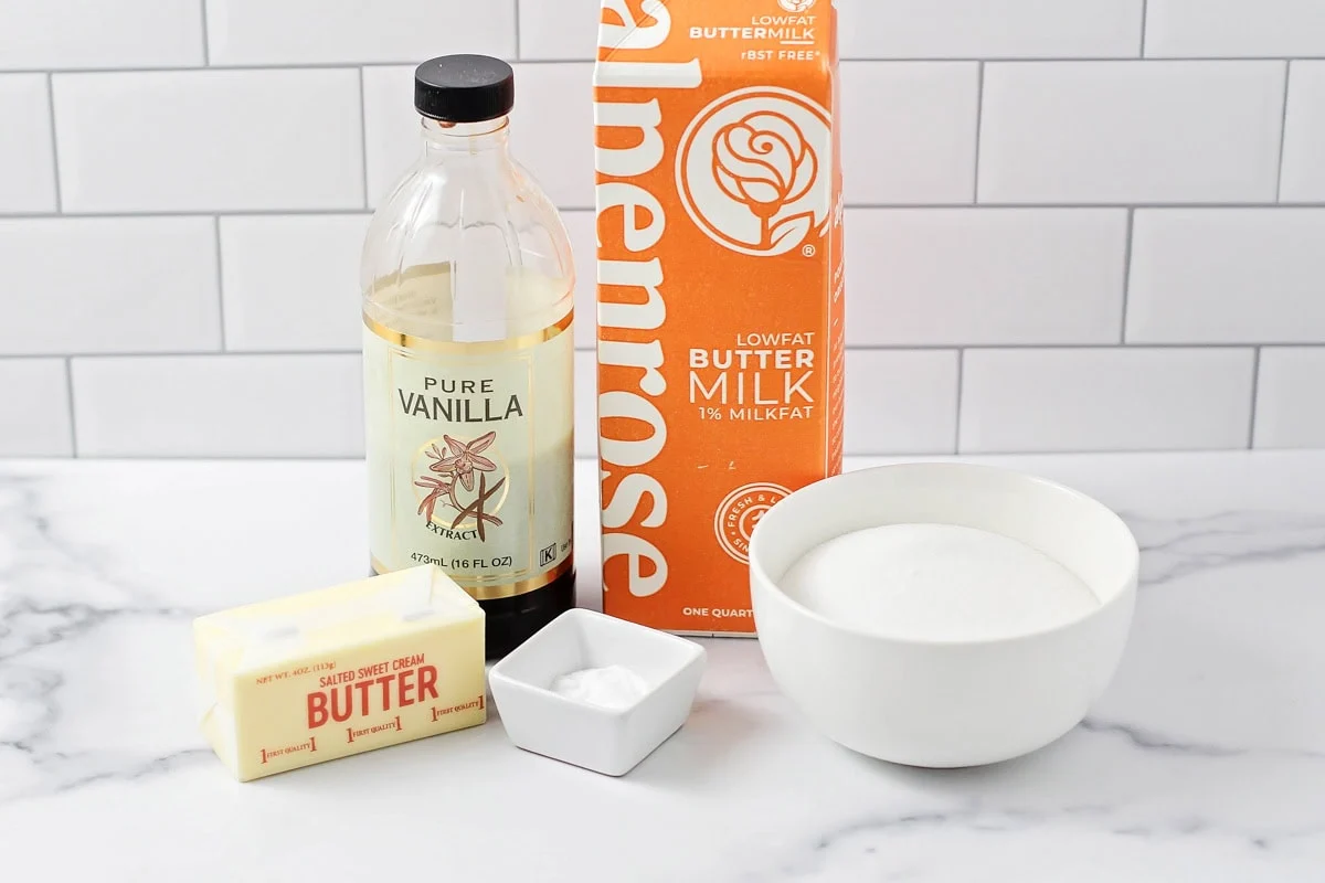 Ingredients for buttermilk syrup on counter.