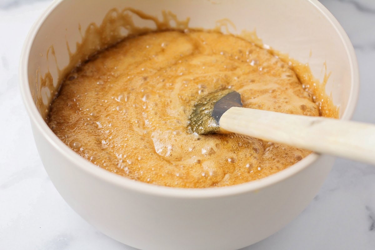 Boiling caramel mixture for caramel popcorn.