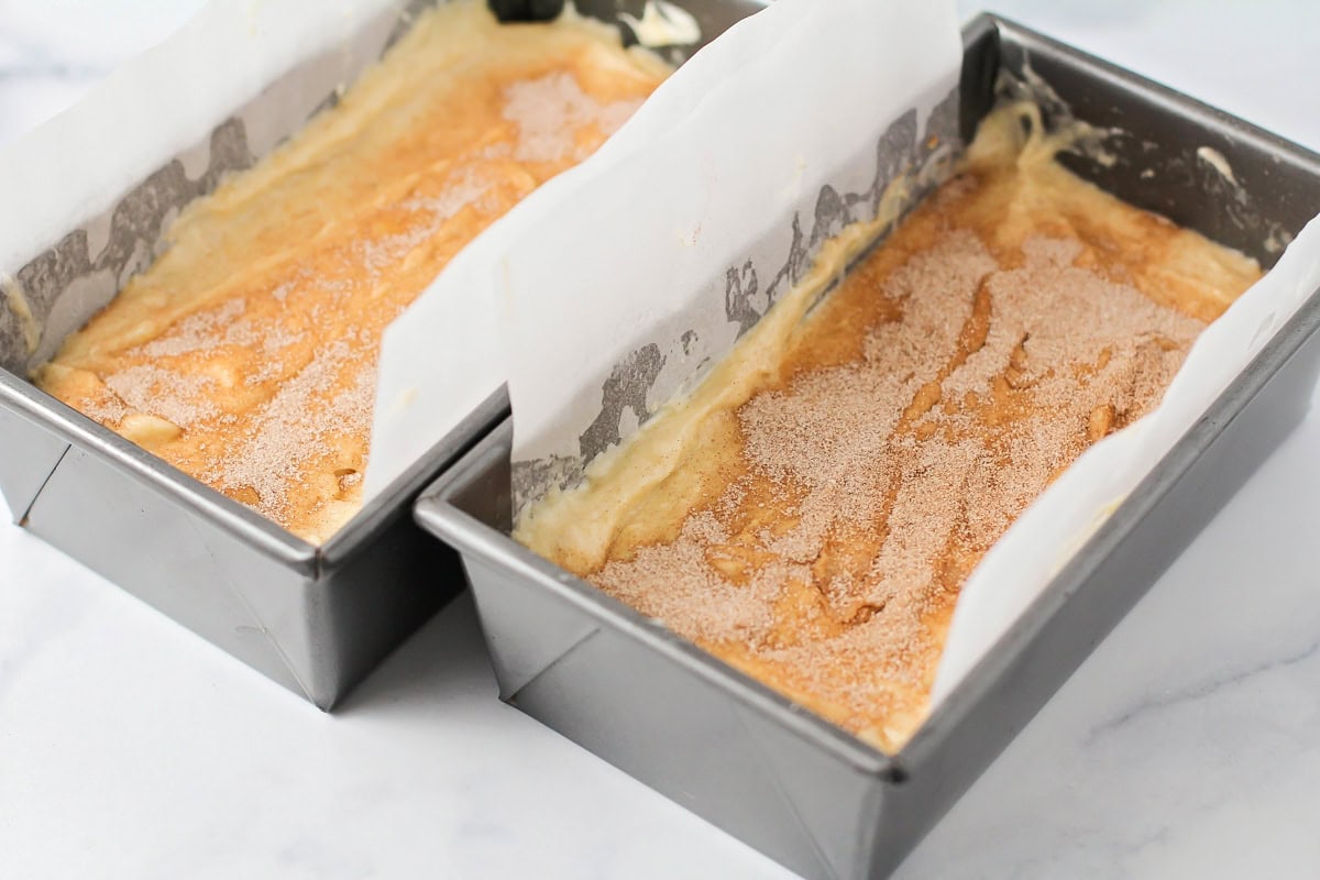 Cinnamon and sugar sprinkled on top of bread batter.