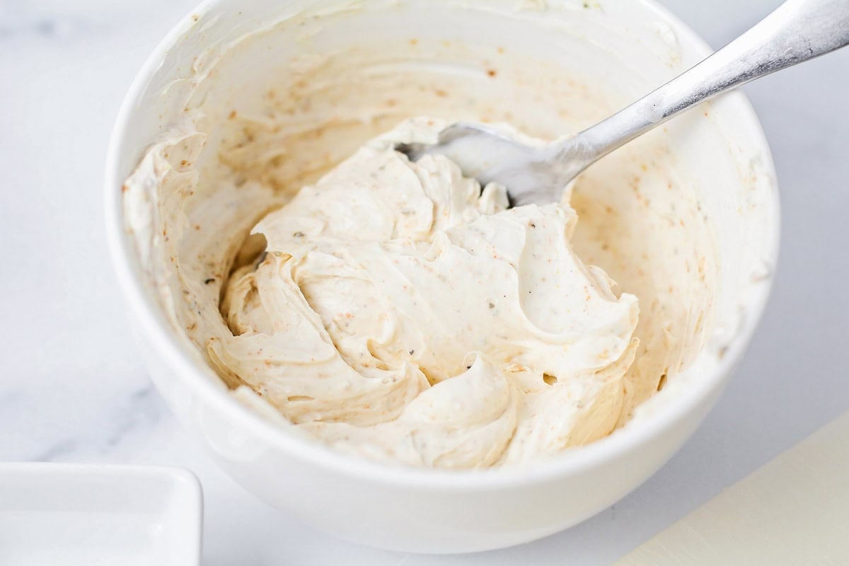 Cream cheese filling in a bowl.